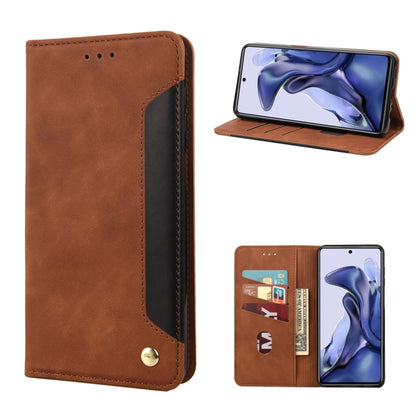 Brown leather flip phone case with magnetic closure, card slots and stand view