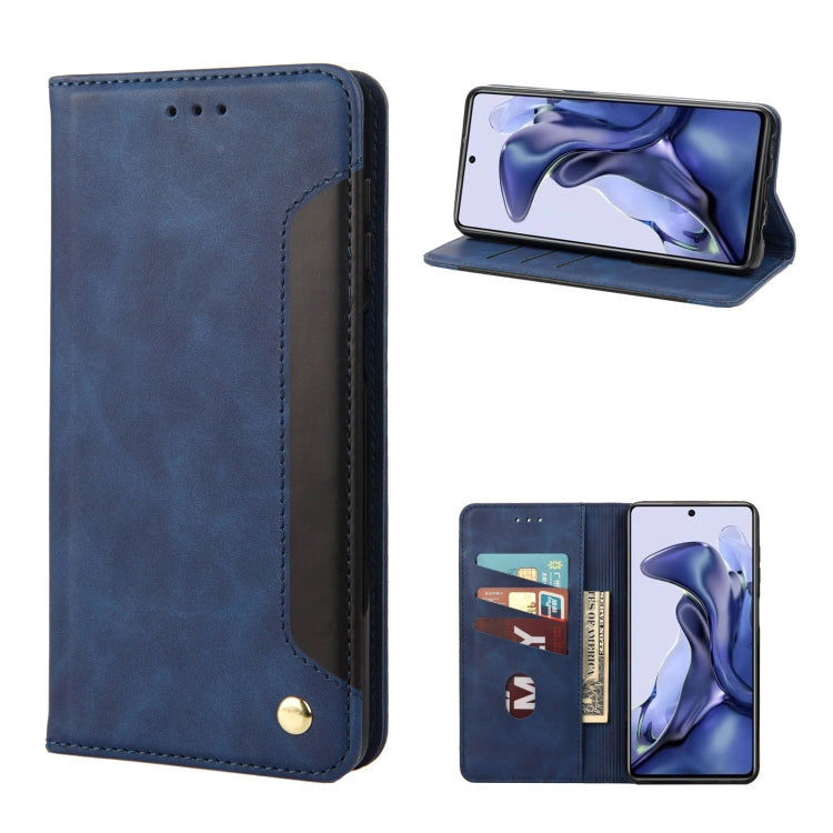 Dark blue leather flip phone case with magnetic closure, card slots and stand view