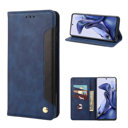Dark blue leather flip phone case with magnetic closure, card slots and stand view