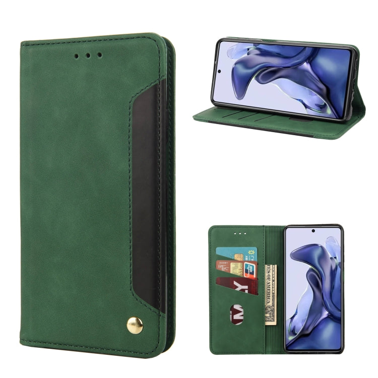 Green leather flip phone case with magnetic closure and card slots, front and stand