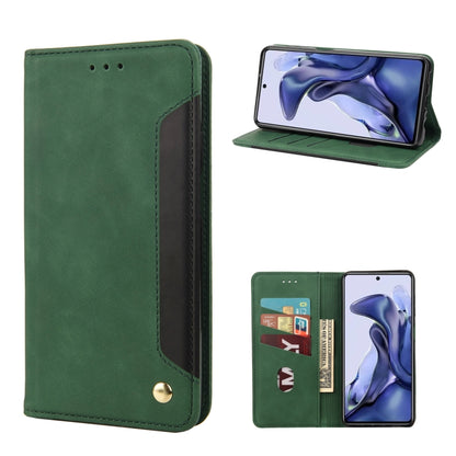 Green leather flip phone case with magnetic closure and card slots, front and stand