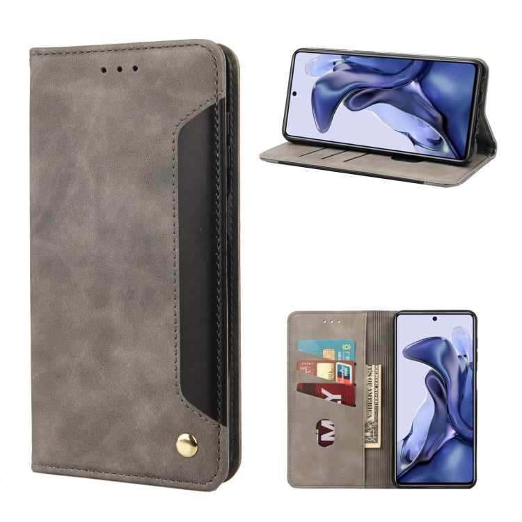 Grey leather flip phone case with magnetic closure and card slots, front and stand