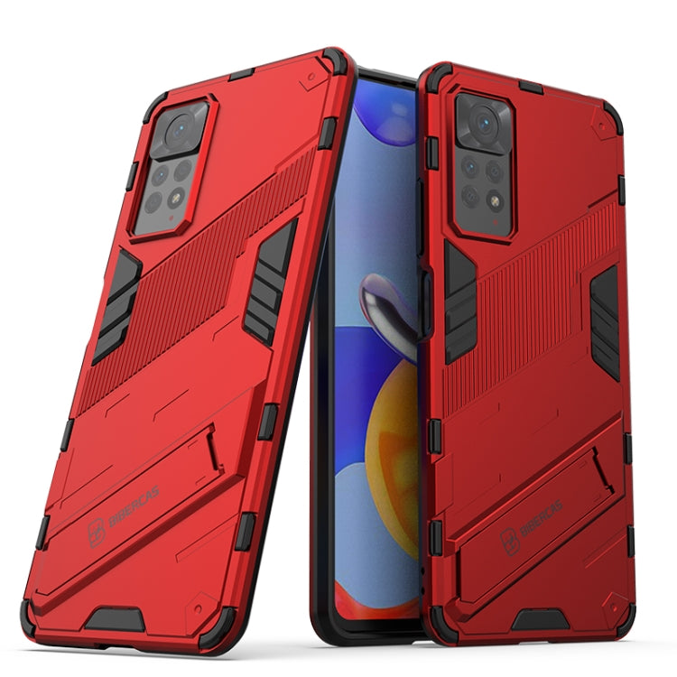 Red armored phone case, front and back view with hidden holder