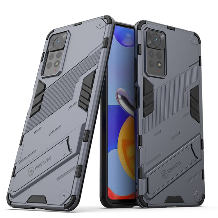 Rugged shockproof phone case with hidden holder, light gray armor design
