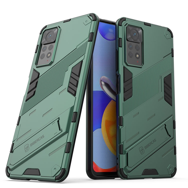 Rugged shockproof phone case with hidden holder, green armor design