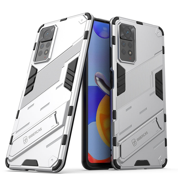 Rugged 2-in-1 phone case with holder, light gray armor shell, shockproof corners