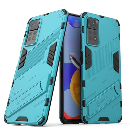 Rugged 2-in-1 phone case with holder, teal armor shell, shockproof corners
