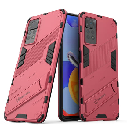 Rugged 2-in-1 phone case with holder, pink armor shell, shockproof corners