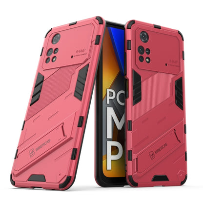 Pink-red TPU shockproof phone case with invisible holder, rugged armor panels.