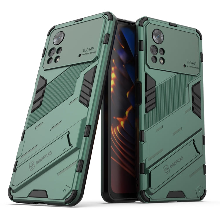 Green TPU shockproof phone case with invisible holder, rugged armor panels.