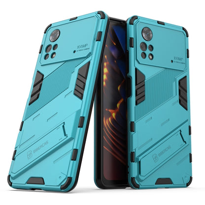 Aqua-blue TPU shockproof phone case with invisible holder, rugged armor panels.