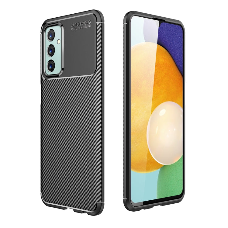Black carbon fiber-textured TPU phone case with raised camera ring and shockproof corners