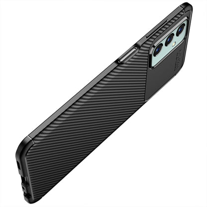 Black carbon fiber textured TPU phone case with side buttons and camera openings