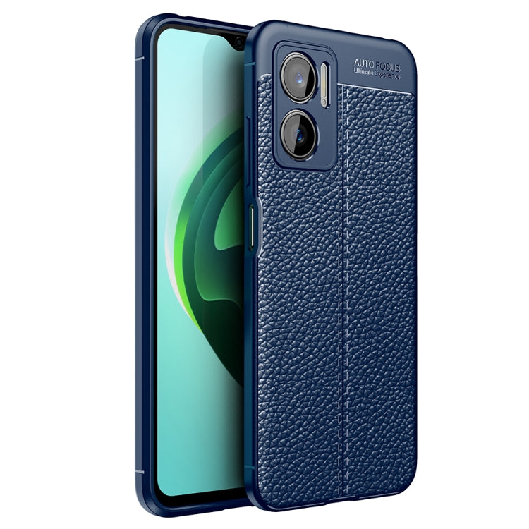 Blue TPU shockproof phone case with litchi-texture back and dual camera cutouts