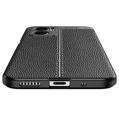 Black TPU phone case with litchi texture, camera cutout, and bottom opening