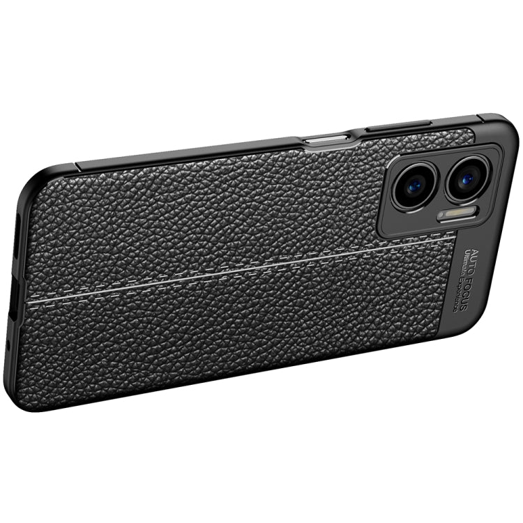 Black litchi-textured TPU phone case with dual camera cutouts and side openings