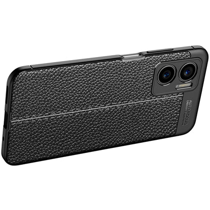 Black litchi-textured TPU phone case with dual camera cutouts and side openings