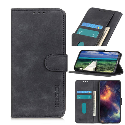 Black leather phone wallet case with folio cover, card slots, and stand viewing