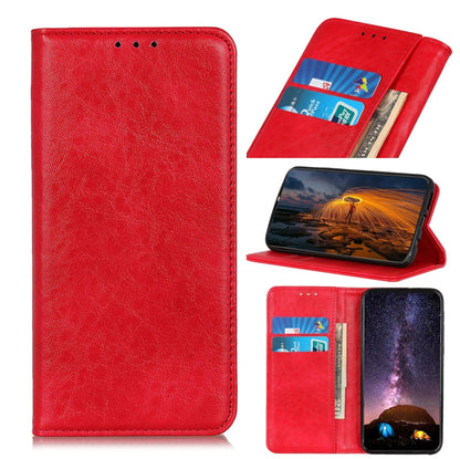 Red leather-look phone case with magnetic flap and card slots, textured finish