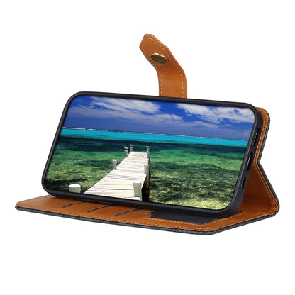 Tan leather-look phone folio case with open stand and front phone screen