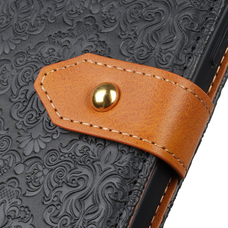 Tan snap tab on black embossed floral leather phone cover