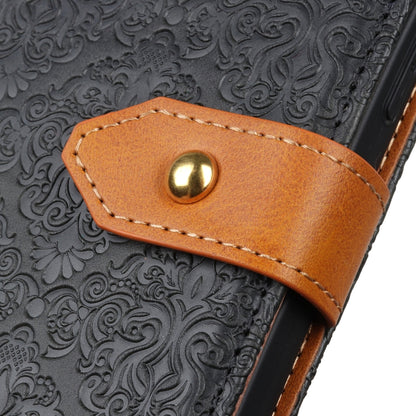 Tan snap tab on black embossed floral leather phone cover