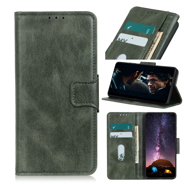 Dark green crazy horse leather flip phone case with card slots and magnetic closure