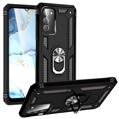 Shockproof phone case in black with built-in metal ring kickstand and raised corners