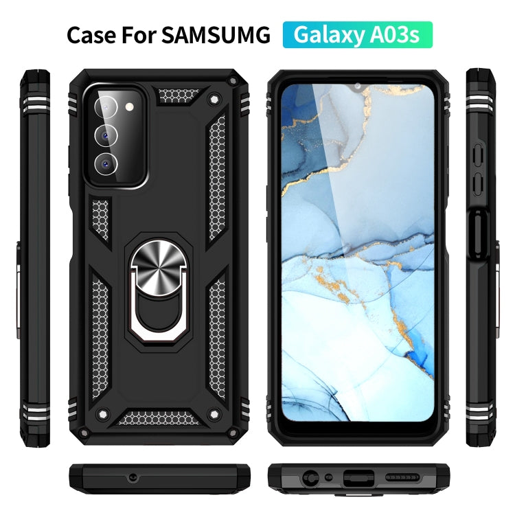 Black rugged phone case set for Galaxy A03s with metal ring kickstand and side buttons