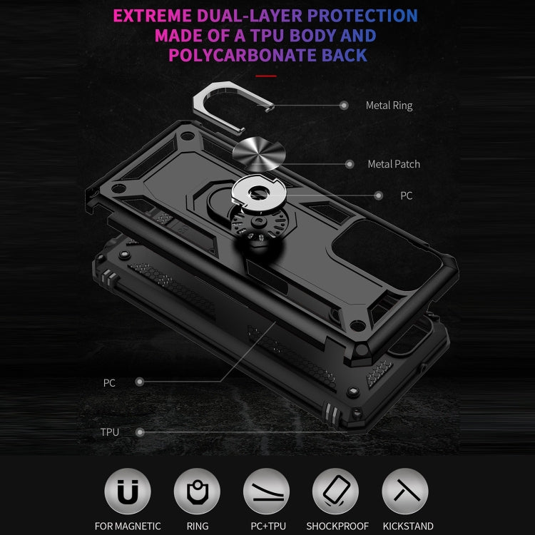 Black dual-layer rugged phone case with metal ring kickstand feature
