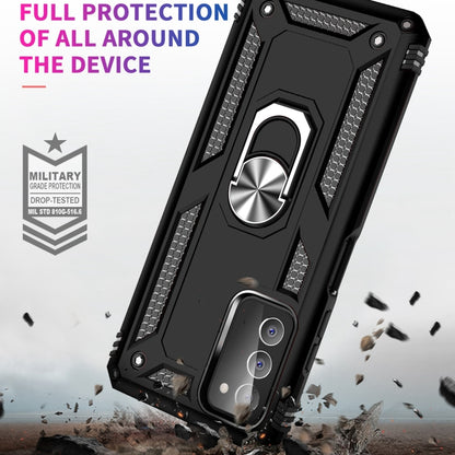 Black rugged phone case with metal ring kickstand, full-device drop protection