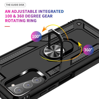 Black rugged phone case with adjustable rotating metal ring kickstand