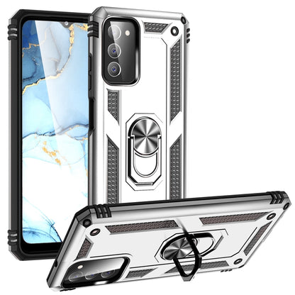 Shockproof phone case in silver with built-in metal ring kickstand and raised corners
