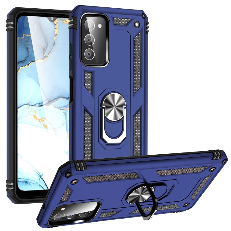 Blue shockproof TPU+PC phone case with ring grip and kickstand, raised corner protection