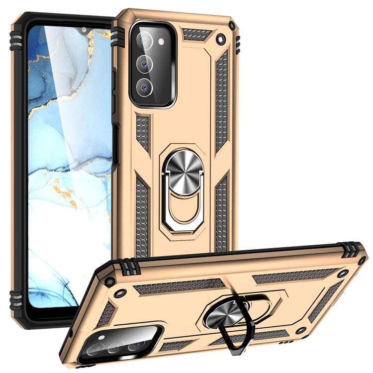 Gold shockproof TPU+PC phone case with ring grip and kickstand, raised corner protection