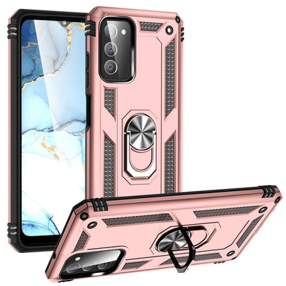 Rose gold shockproof TPU+PC phone case with ring grip and kickstand, raised corner protection