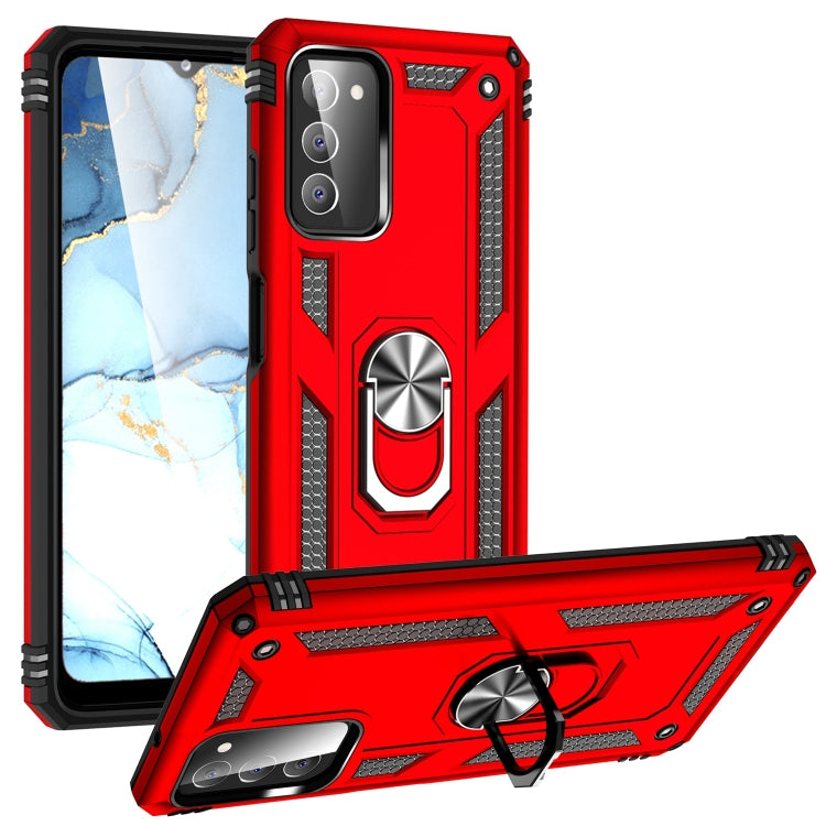 Red shockproof TPU+PC phone case with ring grip and kickstand, raised corner protection