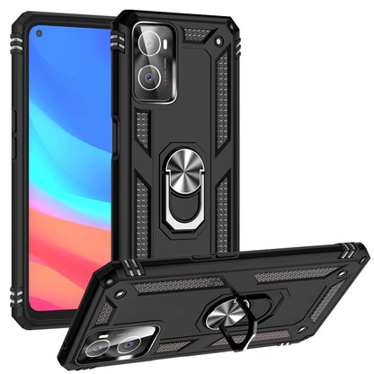 Black rugged phone case with metal ring kickstand and reinforced side grips
