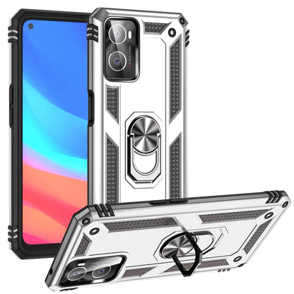 Silver rugged phone case with metal ring kickstand and protective bumper edges