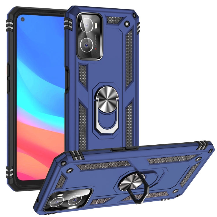 Blue shockproof TPU+PC phone case with ring grip and kickstand, textured side grips