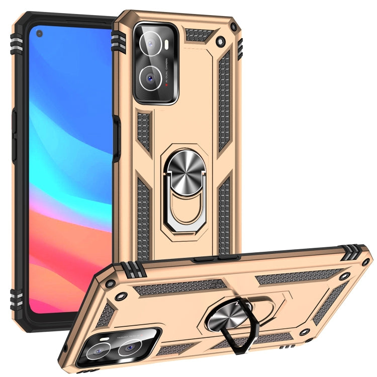 Gold shockproof TPU+PC phone case with ring grip and kickstand, textured side accents