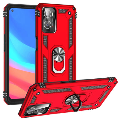 Red shockproof TPU+PC phone case with ring grip and kickstand, textured side accents