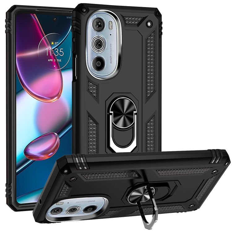 Black shockproof phone case with rugged TPU/PC armor and built-in metal ring kickstand