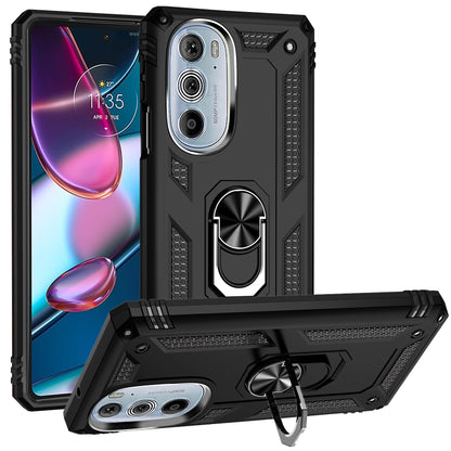 Black shockproof phone case with rugged TPU/PC armor and built-in metal ring kickstand
