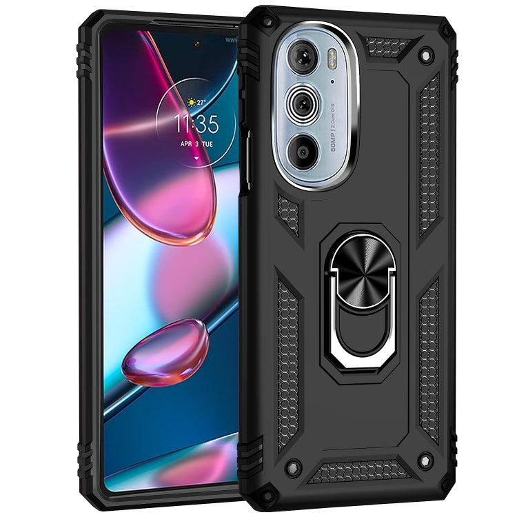 Black rugged phone case with metal ring kickstand, textured grip edges, and raised camera cover
