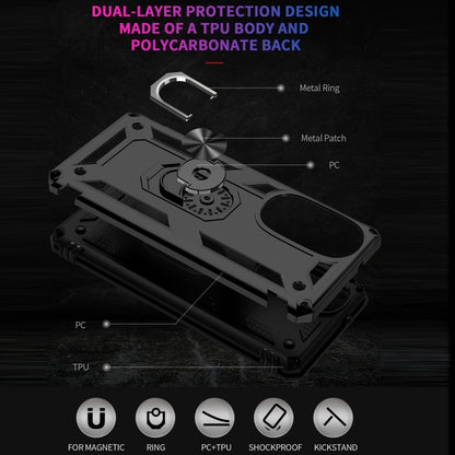 Rugged black phone case design with metal ring, TPU+PC layers, and textured shockproof frame