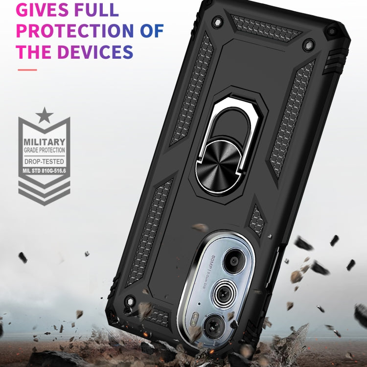 Black shockproof phone case with metal ring kickstand and raised edges for camera protection