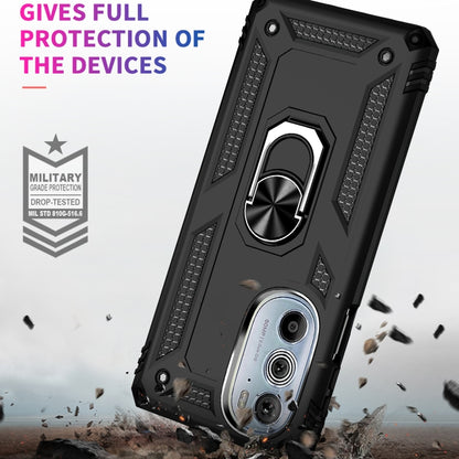 Black shockproof phone case with metal ring kickstand and raised edges for camera protection