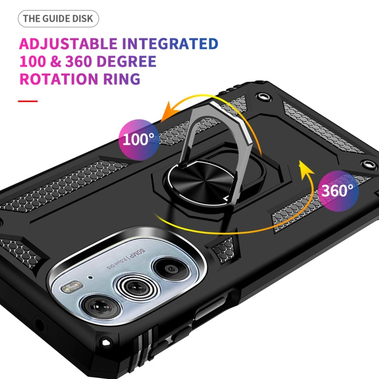 Black rugged phone case with adjustable 360-degree rotation metal ring kickstand