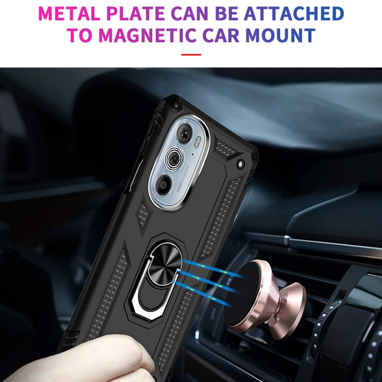 Black rugged phone case with metal ring kickstand and magnetic car-mount plate feature